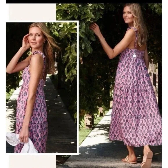 Emerson Fry India Collection Dress Women S Pink Block Print Tie Shoulder Maxi - Picture 1 of 7